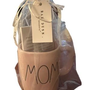 Rae Dunn “Mom” mug with cute pencils and notepad wrapped in sheer netting.